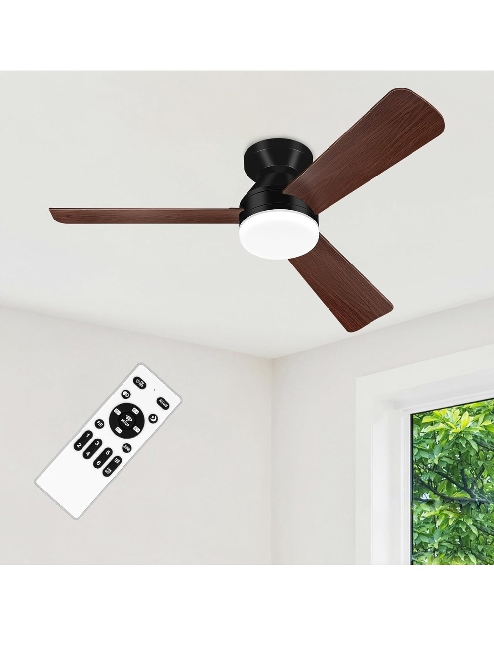 42" Low Profile Ceiling Fan With Light Remote Dimmable Black Wood Flush Mount